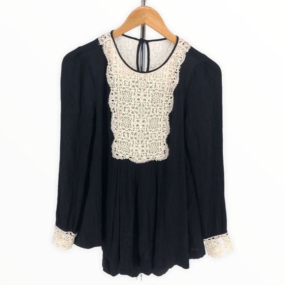 Free People Crochet Bib Neck Black Gauze Flowy Boho Top size XS - Picture 1 of 9